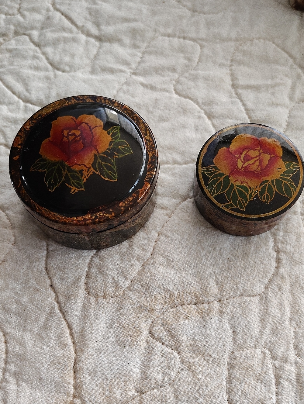 Vintage Hand-Painted French Laquer Rose Decorative Trinket Boxes